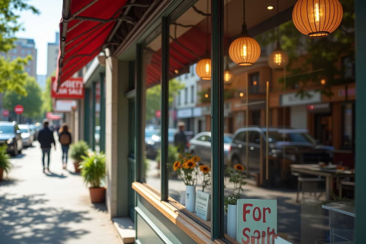 Boutique avec panneau a vendre vue de l exterieur ensoleille