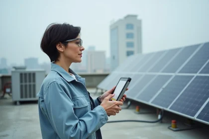 Femme ingénieure inspectant des panneaux solaires sur le toit d'un immeuble urbain, illustrant l'énergie communautaire et la transition énergétique verte