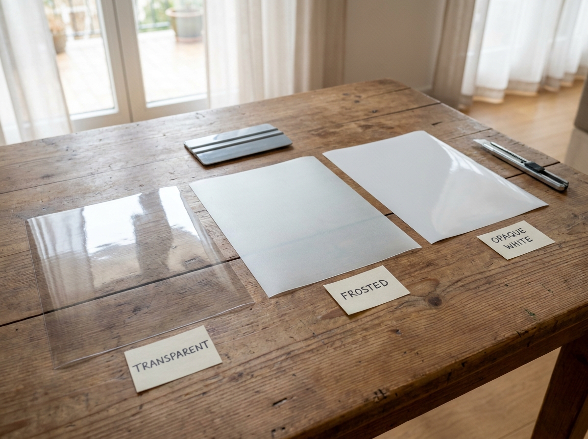 Comparaison de trois types d'adhésifs pour vitrage posés sur une table en bois : transparent, dépoli et opaque blanc, avec outils d'installation
