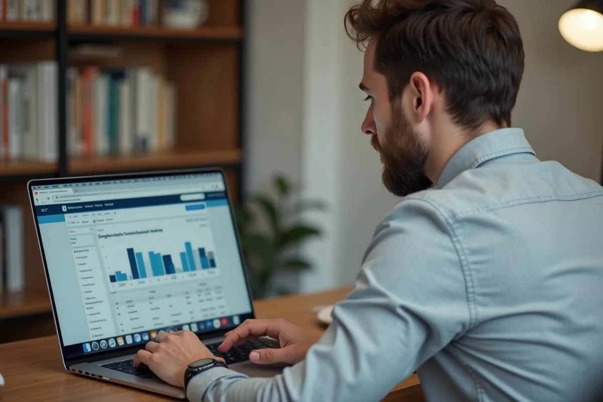 Homme en télétravail comparant deux portails RH sur son ordinateur portable depuis son bureau à domicile