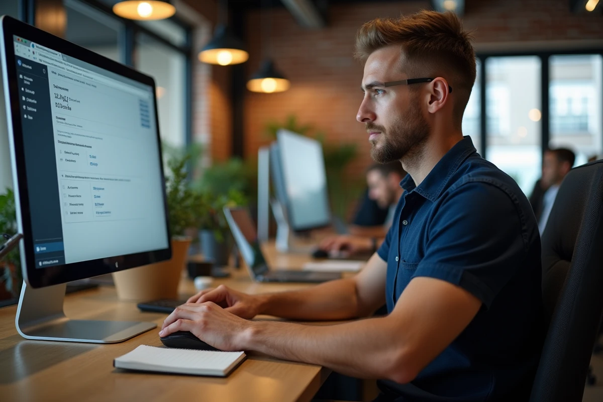 Homme en espace de coworking mettant à jour son compte personnel sur un portail extranet professionnel