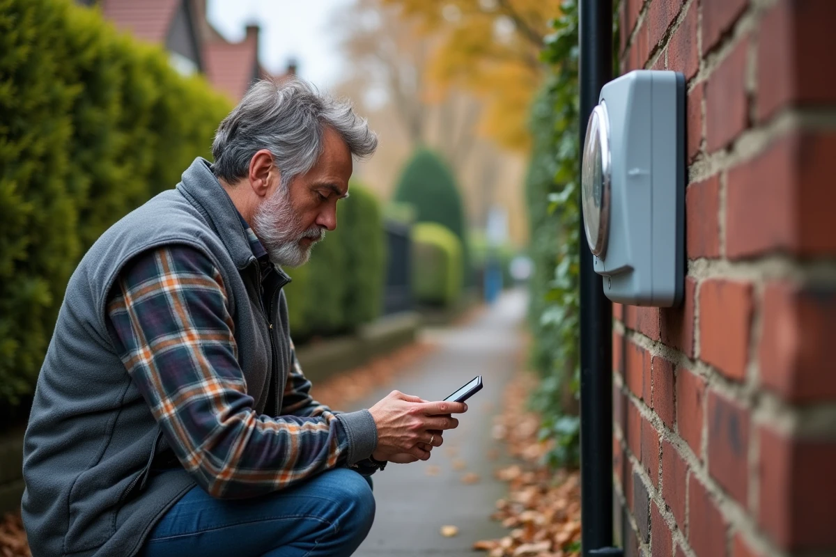 Homme consultant un compteur électrique intelligent connecté à une application de gestion d'énergie communautaire dans un quartier résidentiel