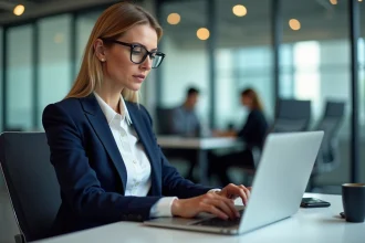 Femme professionnelle se connectant à son compte Octime sur un ordinateur portable dans un bureau moderne
