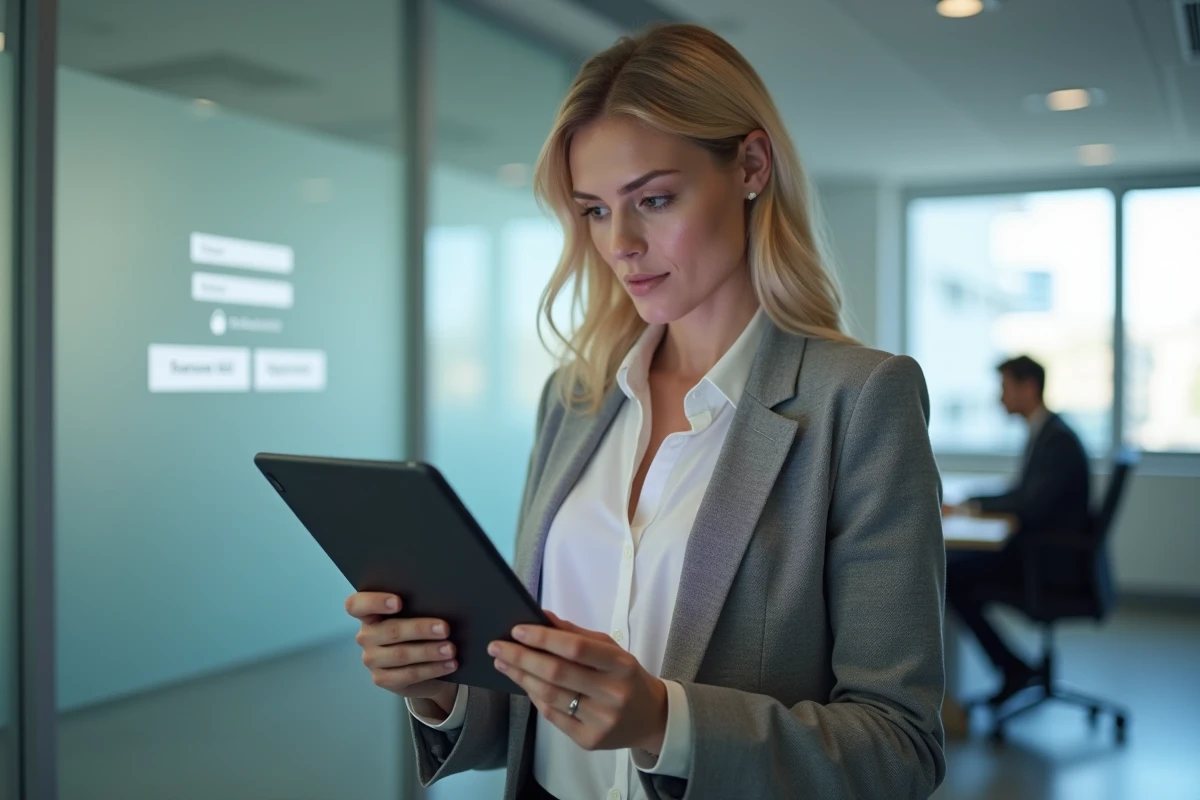 Femme en entreprise consultant l'espace affilié Sécuritest sur une tablette numérique
