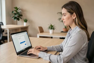 Femme professionnelle connectée à son espace paie Nibelis sur un ordinateur portable dans un bureau moderne