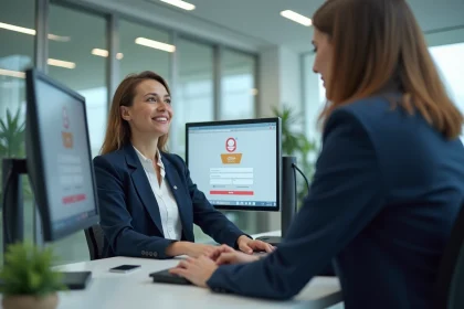 Femme cadre RH connectée à un extranet d'entreprise sur double écran dans un bureau professionnel moderne