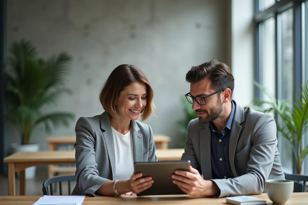 Une femme cheffe d'entreprise et son conseiller examinent ensemble le statut TNS sur une tablette dans un espace de coworking moderne