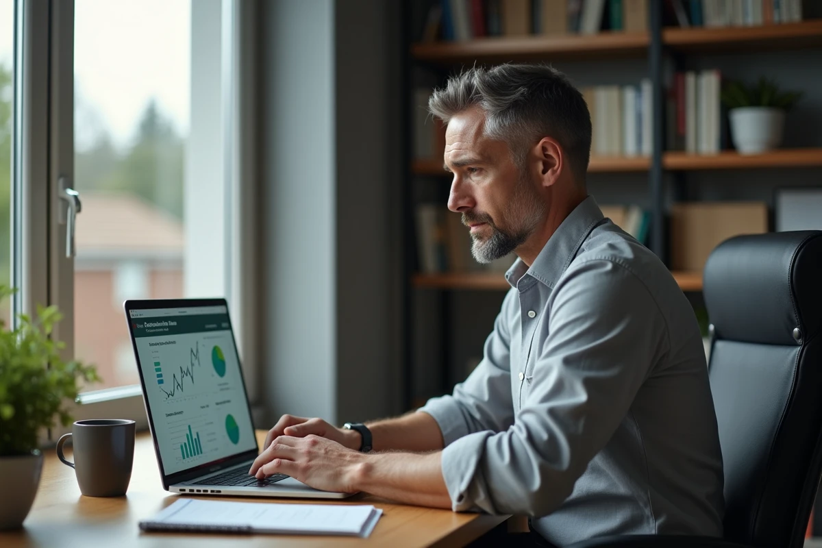 Entrepreneur consultant consultant des indicateurs économiques territoriaux sur un site web depuis son bureau