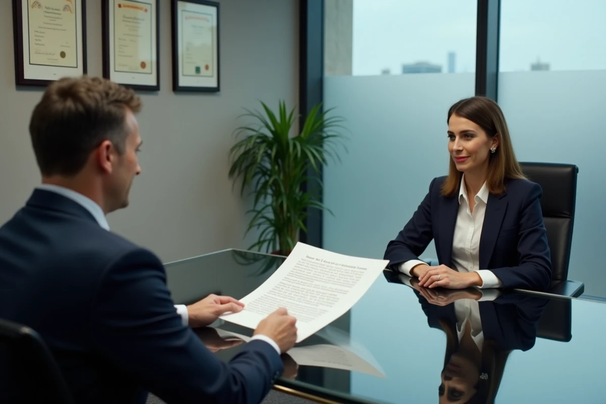 Femme consultant un avocat après réception d'une mise en demeure suite à rétractation de devis