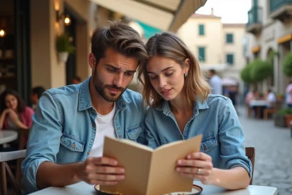 Jeune couple corse dans un caf&eacute; en plein air
