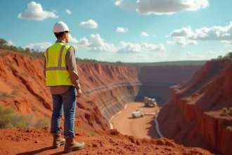 Jeune débutant en tenue de sécurité sur un site minier à ciel ouvert en Australie avec des engins miniers en arrière-plan
