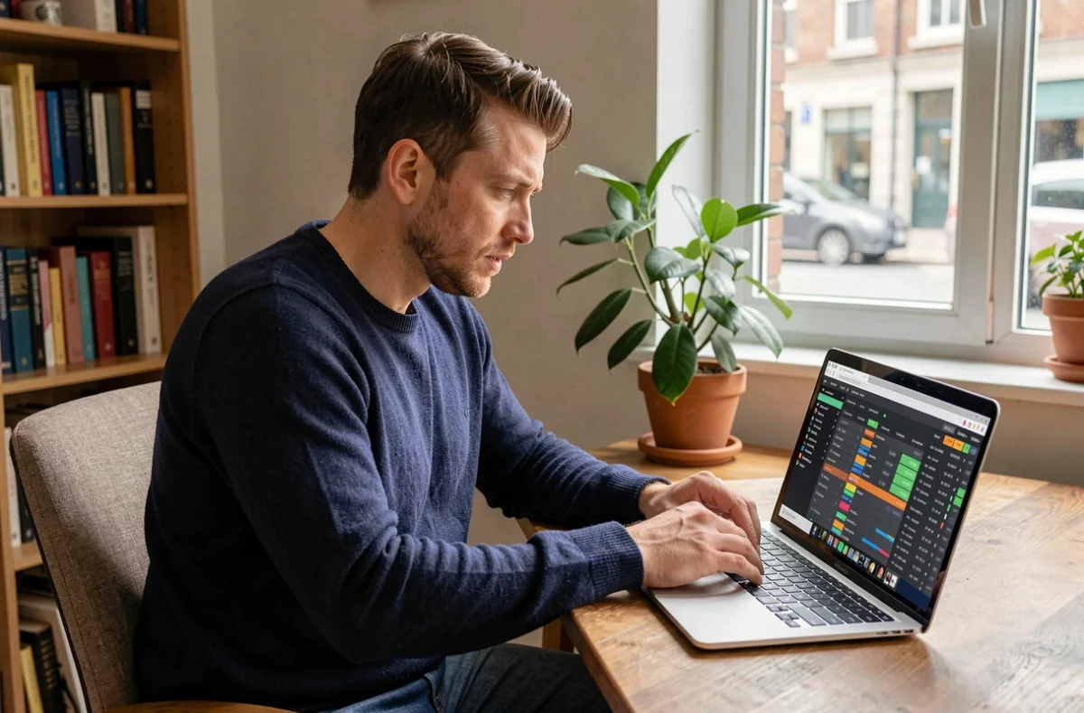 Homme débutant utilisant la plateforme Infonet5 sur un ordinateur portable pour analyser les courses de trot
