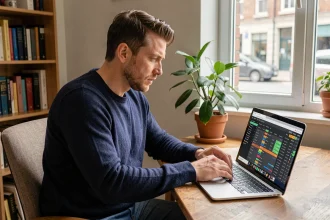 Homme débutant utilisant la plateforme Infonet5 sur un ordinateur portable pour analyser les courses de trot