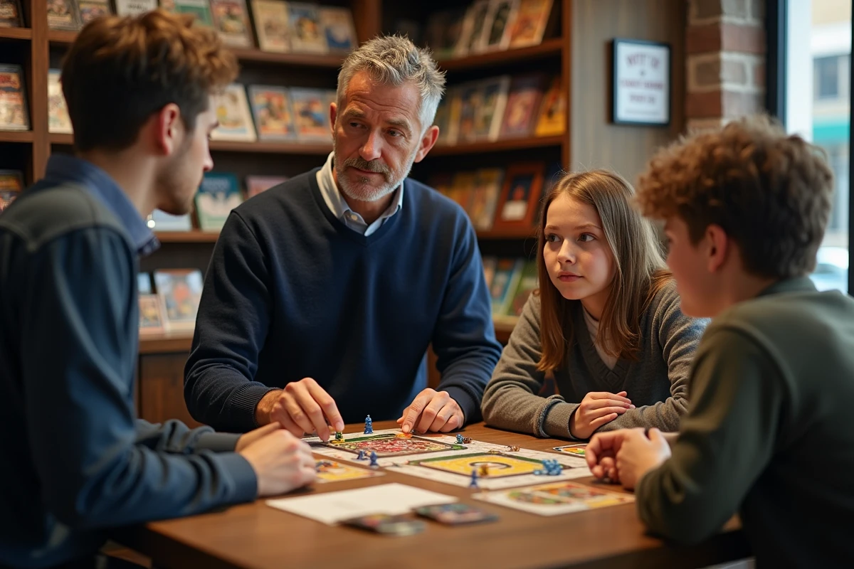 Homme montrant un jeu de r&ocirc;le &agrave; deux adolescents en boutique