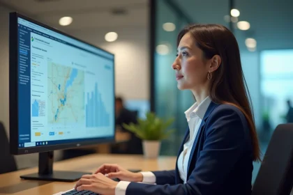 Développeuse économique consultant la plateforme LeTerritoireEntreprise.fr sur son poste de travail dans un bureau de développement territorial