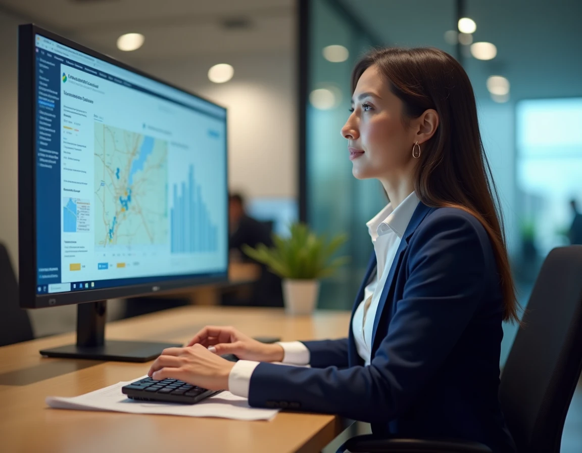 Développeuse économique consultant la plateforme LeTerritoireEntreprise.fr sur son poste de travail dans un bureau de développement territorial