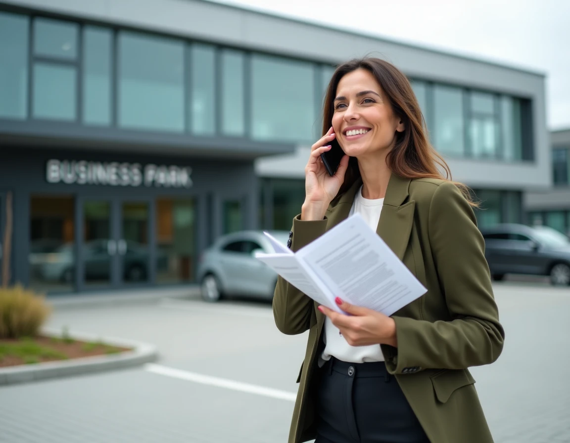 Développeuse économique sur le terrain devant un parc d'activités lors d'un suivi d'implantation d'entreprise
