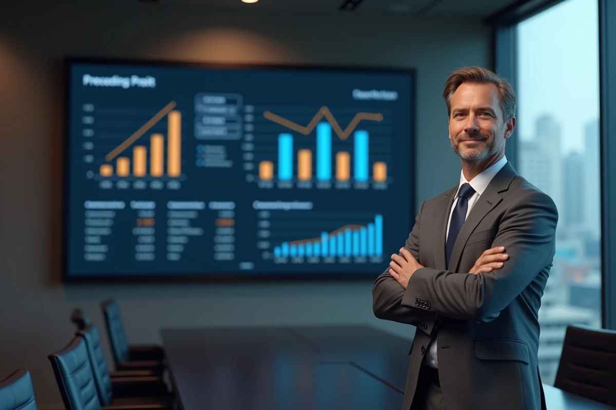 Directeur financier en costume gris présentant un tableau de bord de résultat opérationnel en salle de réunion