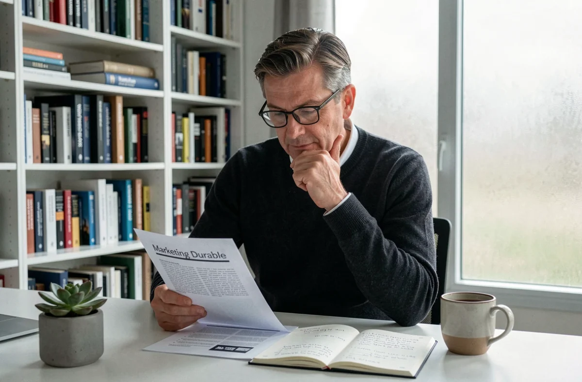 Un dirigeant d'entreprise consulte attentivement un rapport sur le marketing durable dans son bureau à domicile, entouré de livres de management.