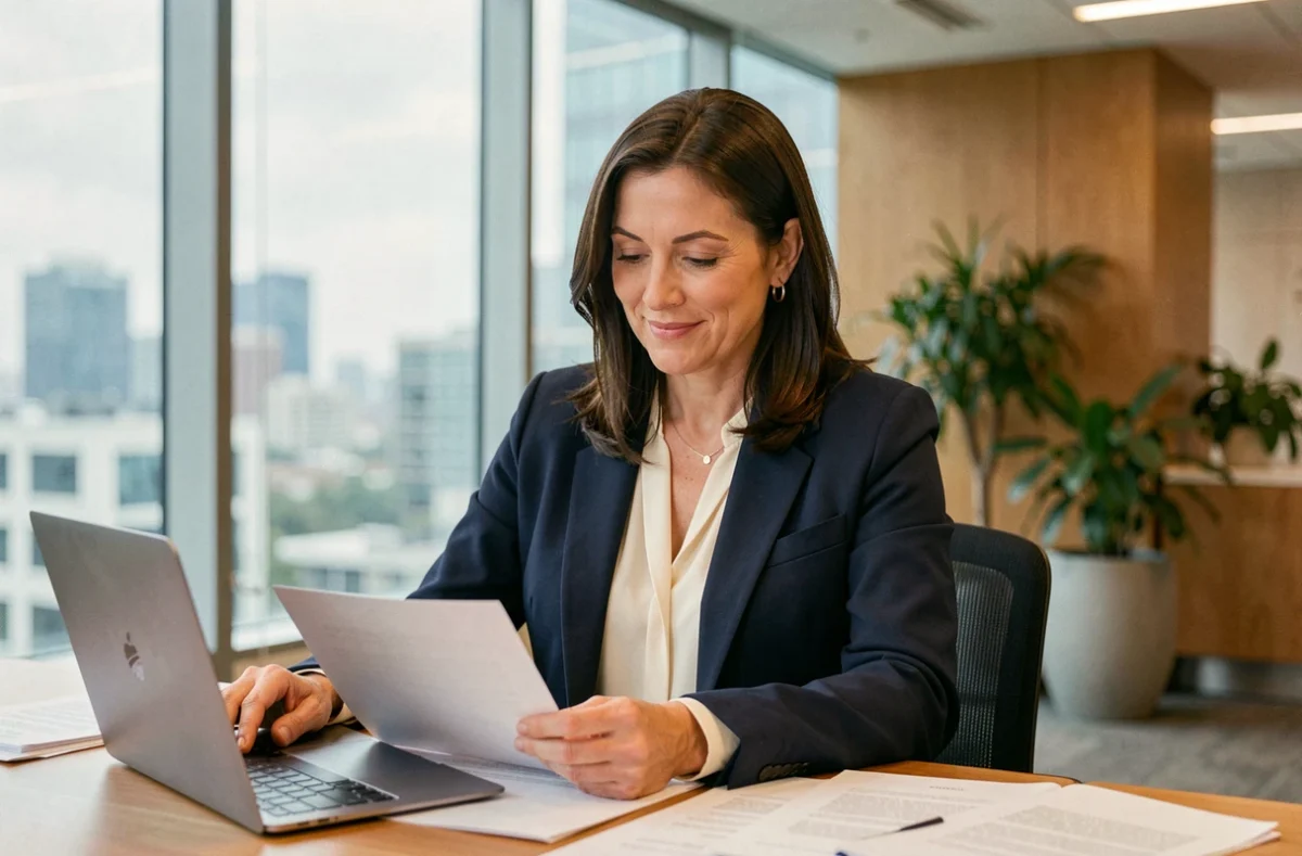 Dirigeante d'entreprise satisfaite analysant des documents après avoir adopté la solution Koivaninbez dans un bureau moderne