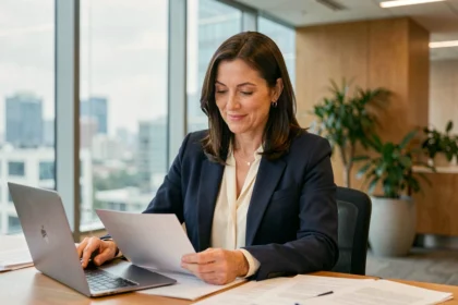 Dirigeante d'entreprise satisfaite analysant des documents après avoir adopté la solution Koivaninbez dans un bureau moderne