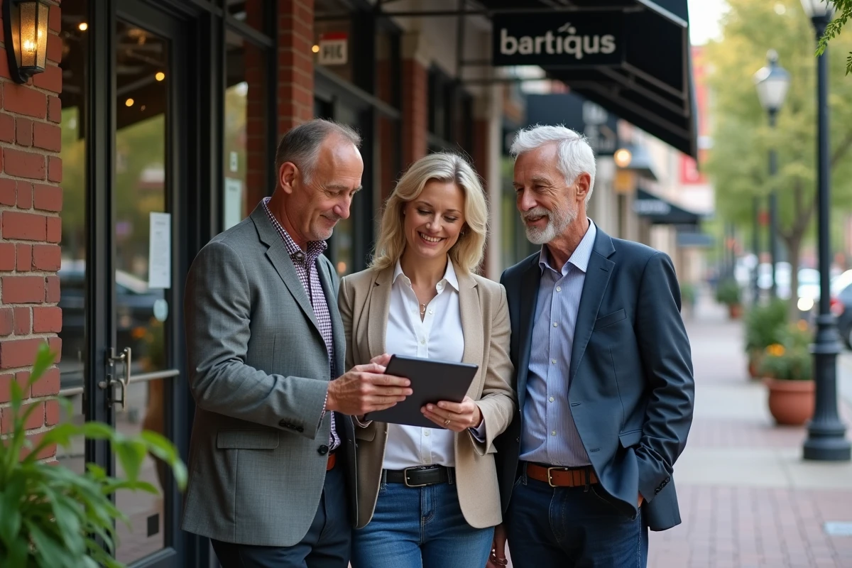 Trois personnes discutant devant une boutique urbaine