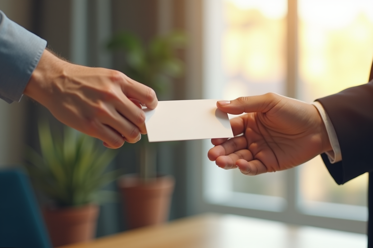 Main échangeant une carte de visite dans un bureau lumineux