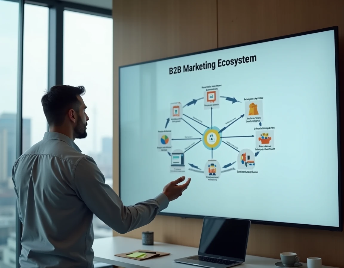 Manager B2B présentant un schéma d'écosystème CRM et marketing automation sur grand écran dans un bureau avec vue sur la ville