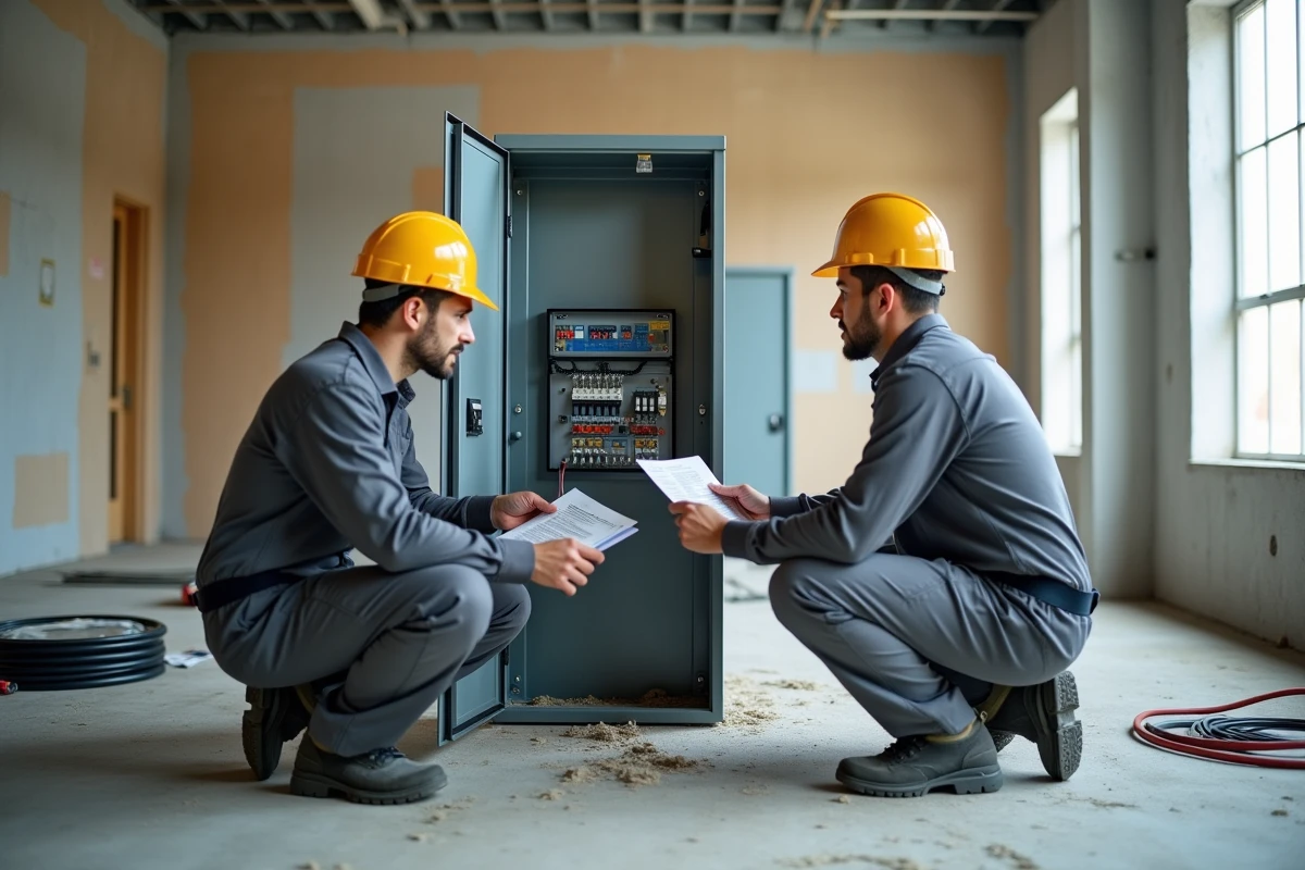 Deux électriciens comparant des fiches produits devant un tableau électrique sur un chantier de rénovation commerciale pour optimiser leurs achats
