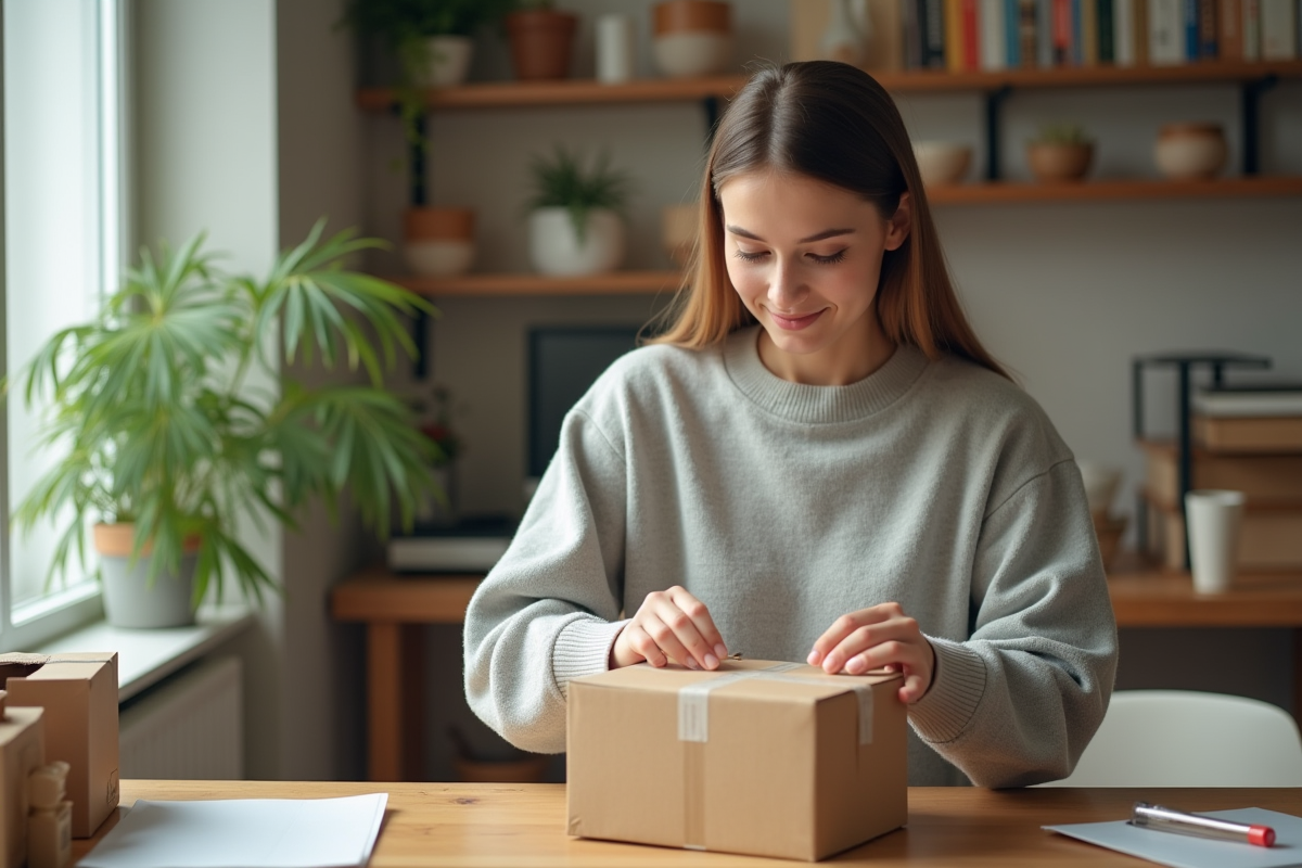 Jeune femme emballant un colis fragile dans un espace de travail à domicile