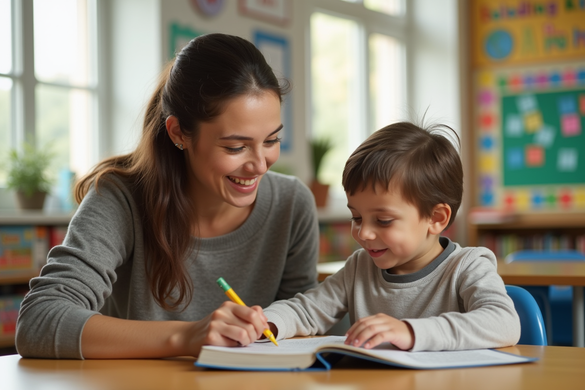 Enfant apprenant à lire avec un bénévole dans une classe colorée