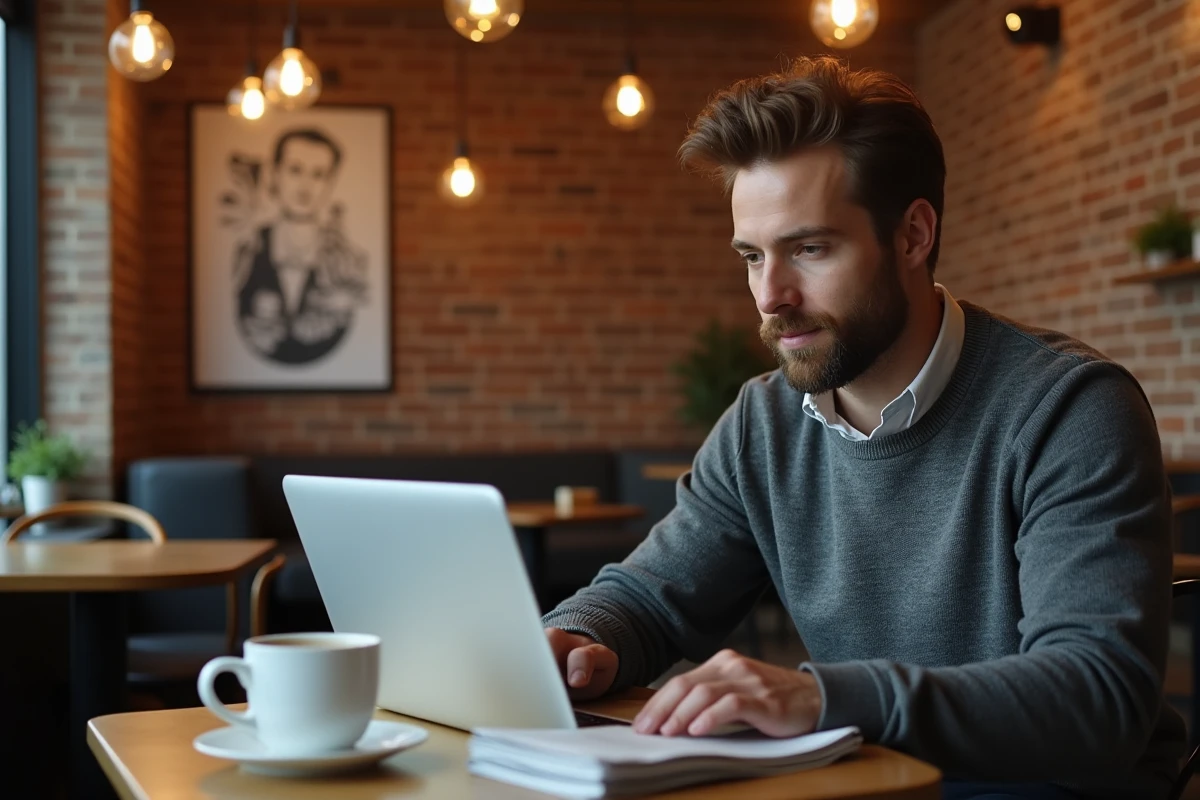 Entrepreneur masculin comparant des abonnements au journal des entrepreneurs depuis un café avec ordinateur portable