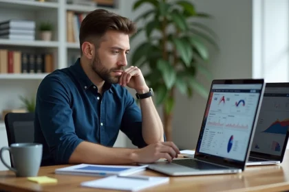Entrepreneur comparant deux plateformes business sur des ordinateurs portables pour décider de migrer vers Systeme.io en 2026