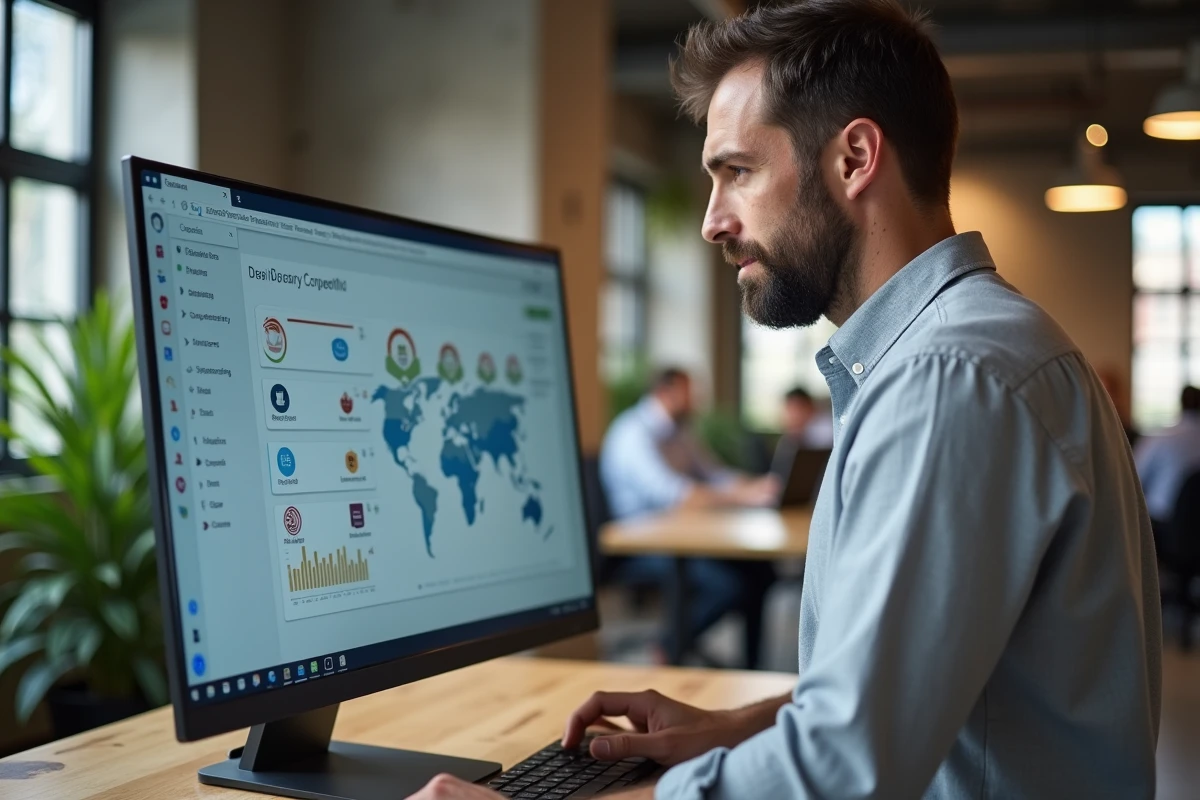 Entrepreneur masculin consultant un tableau de bord de cr&eacute;dibilit&eacute; d'entreprise sur un &eacute;cran dans un espace de coworking