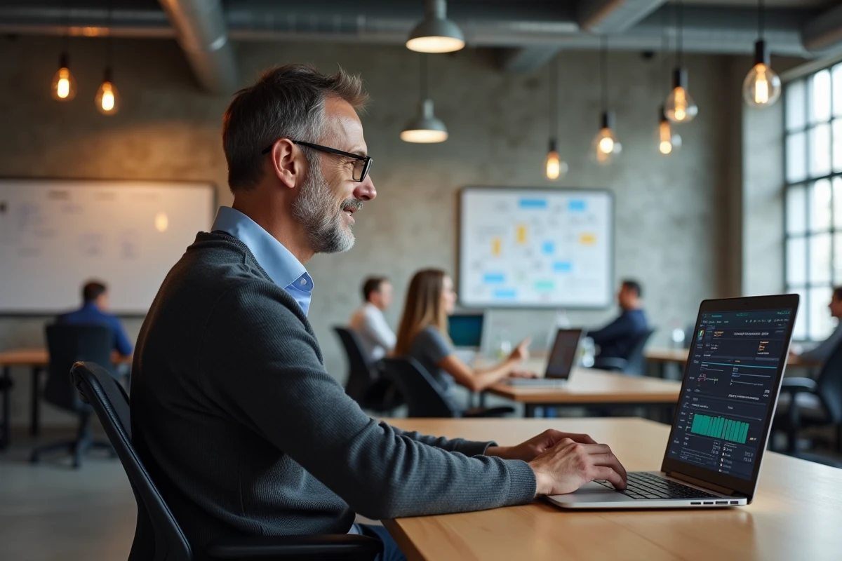 Entrepreneur numérique enregistrant une marque en ligne via le portail de l'INPI dans un espace de travail moderne