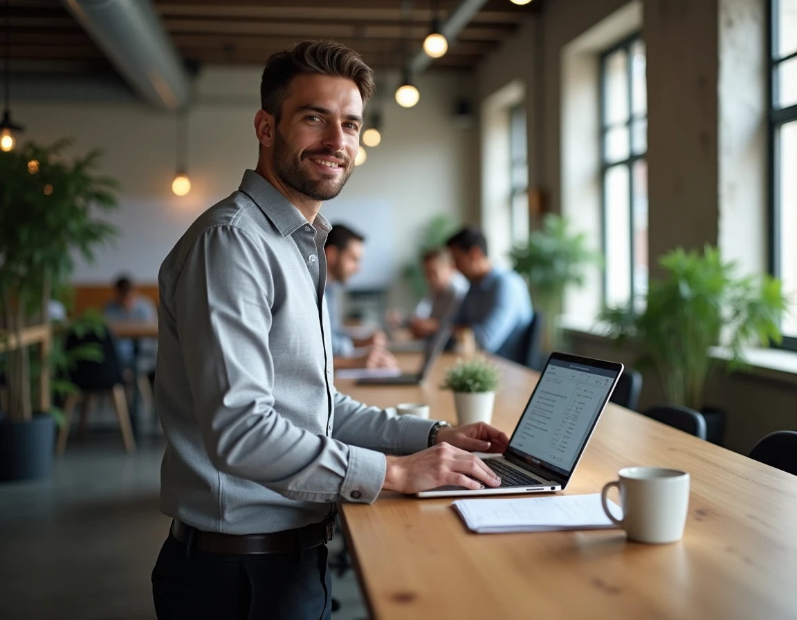 Entrepreneur masculin complétant un formulaire d'activité principale pour le registre du commerce sur ordinateur portable