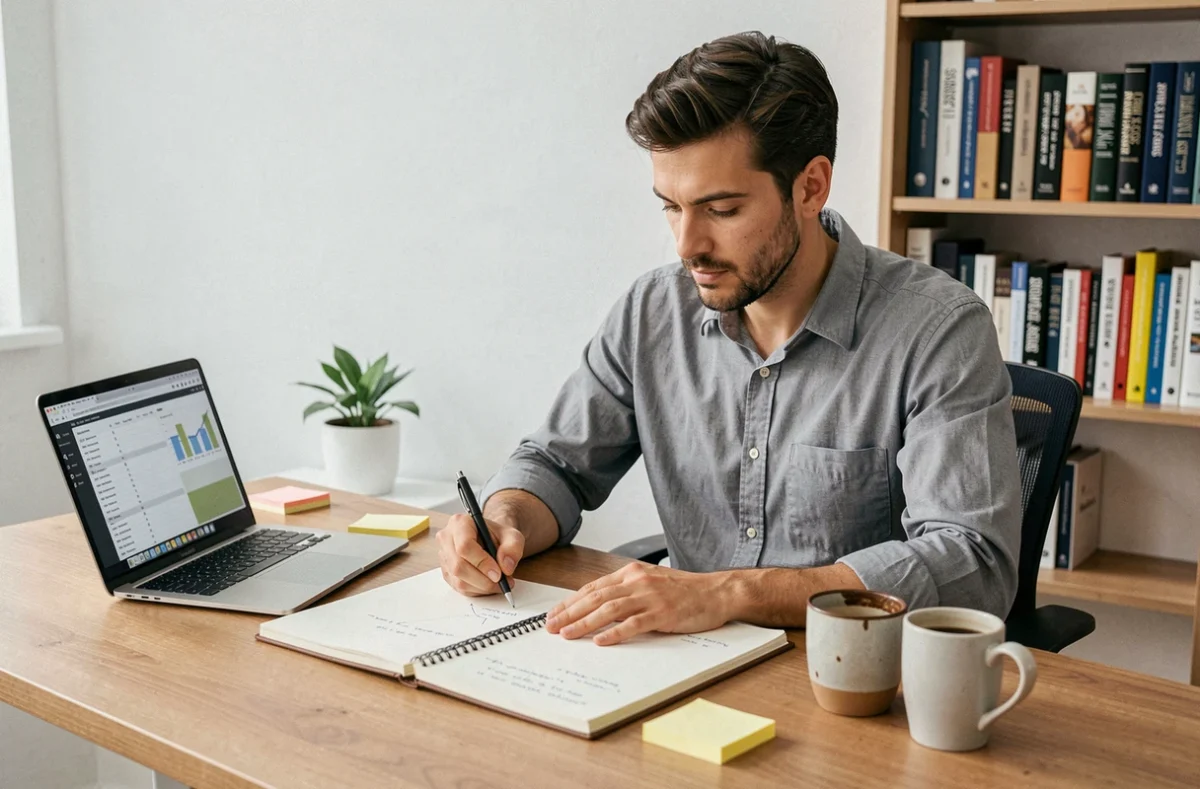 Entrepreneur masculin planifiant son idée de business dans un bureau à domicile minimaliste avec un carnet de notes et un ordinateur portable