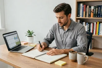 Entrepreneur masculin planifiant son idée de business dans un bureau à domicile minimaliste avec un carnet de notes et un ordinateur portable