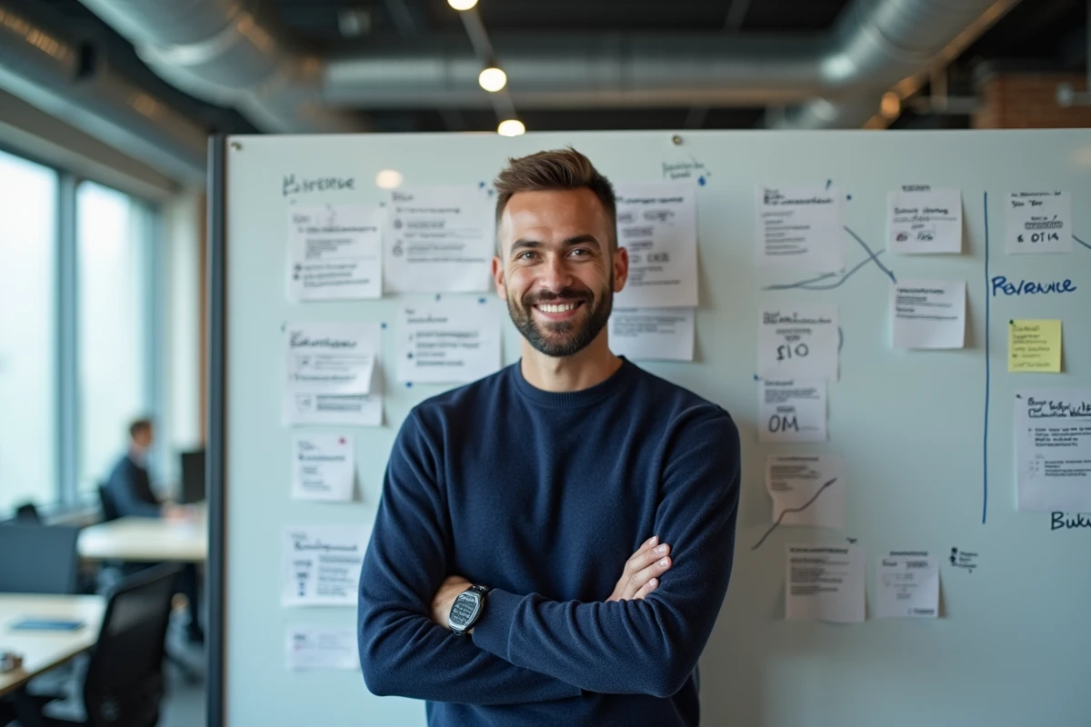 Entrepreneur solopreneur devant un tableau blanc avec des schémas de stratégie business dans un espace de coworking