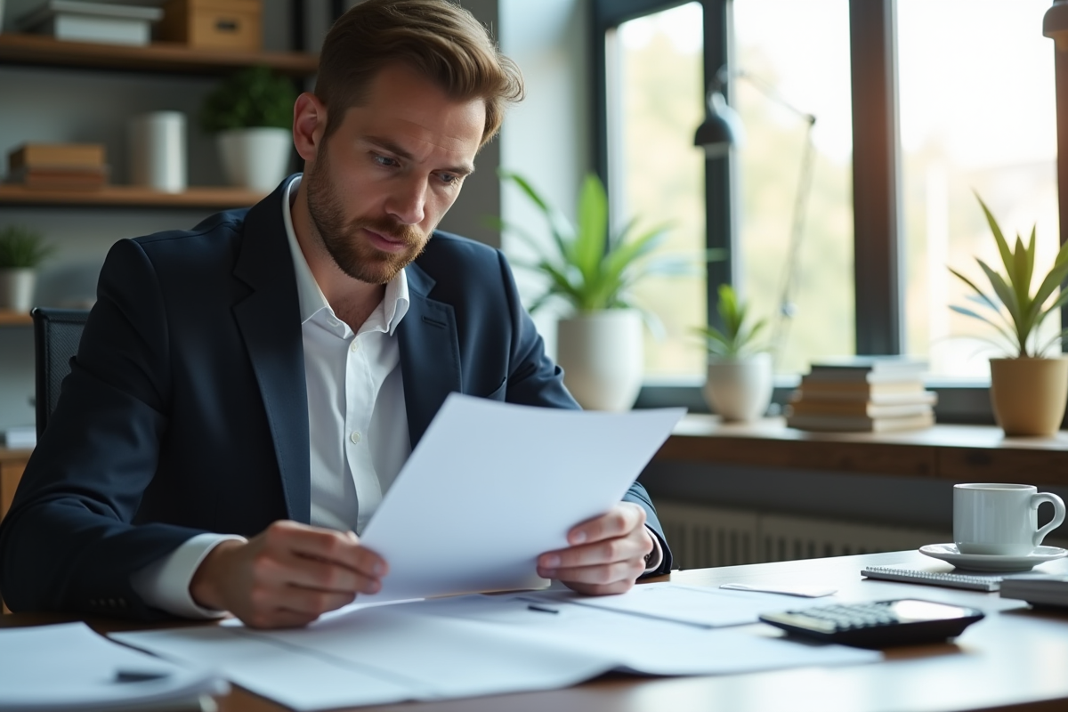 Entrepreneur confiant travaillant seul avec documents et calculatrice