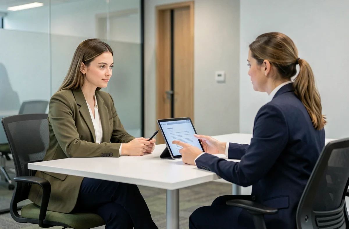 Jeune femme en entretien RH discutant des heures de travail d'un contrat à mi-temps avec une tablette