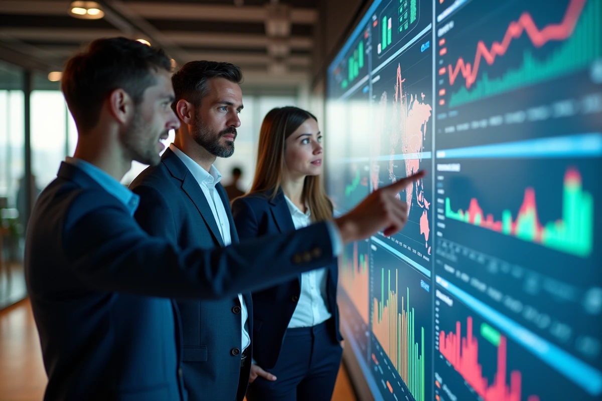 Équipe de professionnels analysant des tableaux de bord économiques territoriaux sur un écran interactif