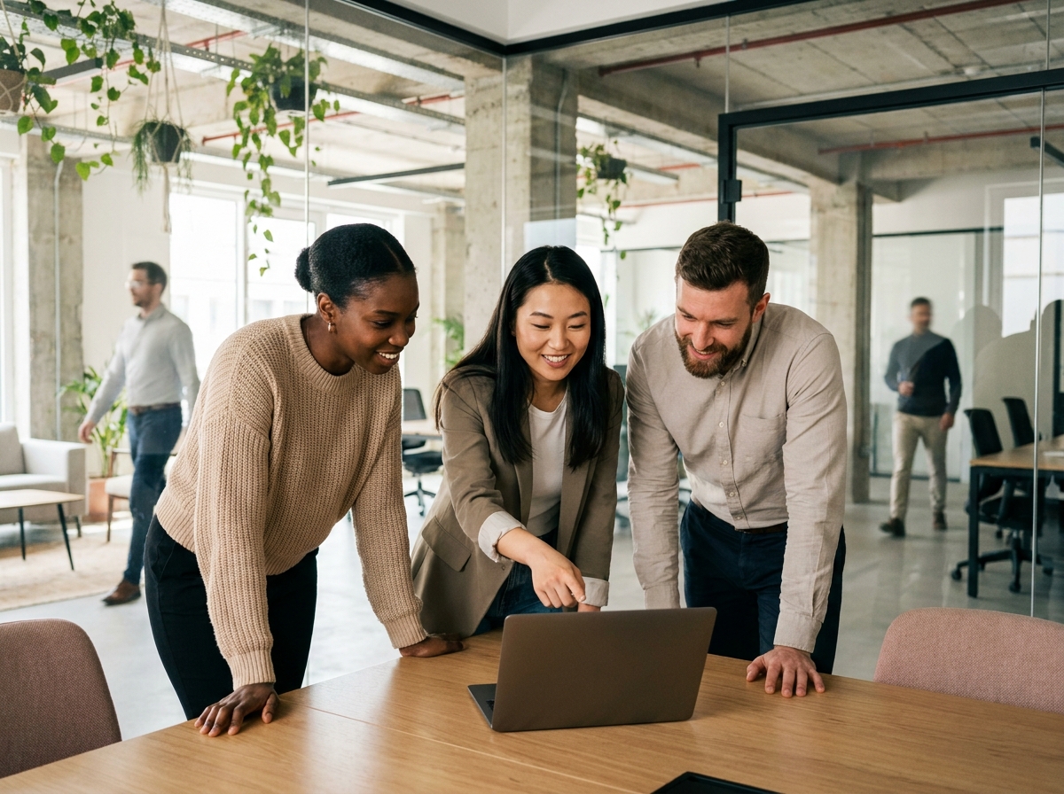 Équipe de collègues analysant des témoignages clients sur un ordinateur portable en réunion, stratégie de recommandation commerciale