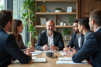 Groupe de professionnels en réunion de travail en bureau moderne