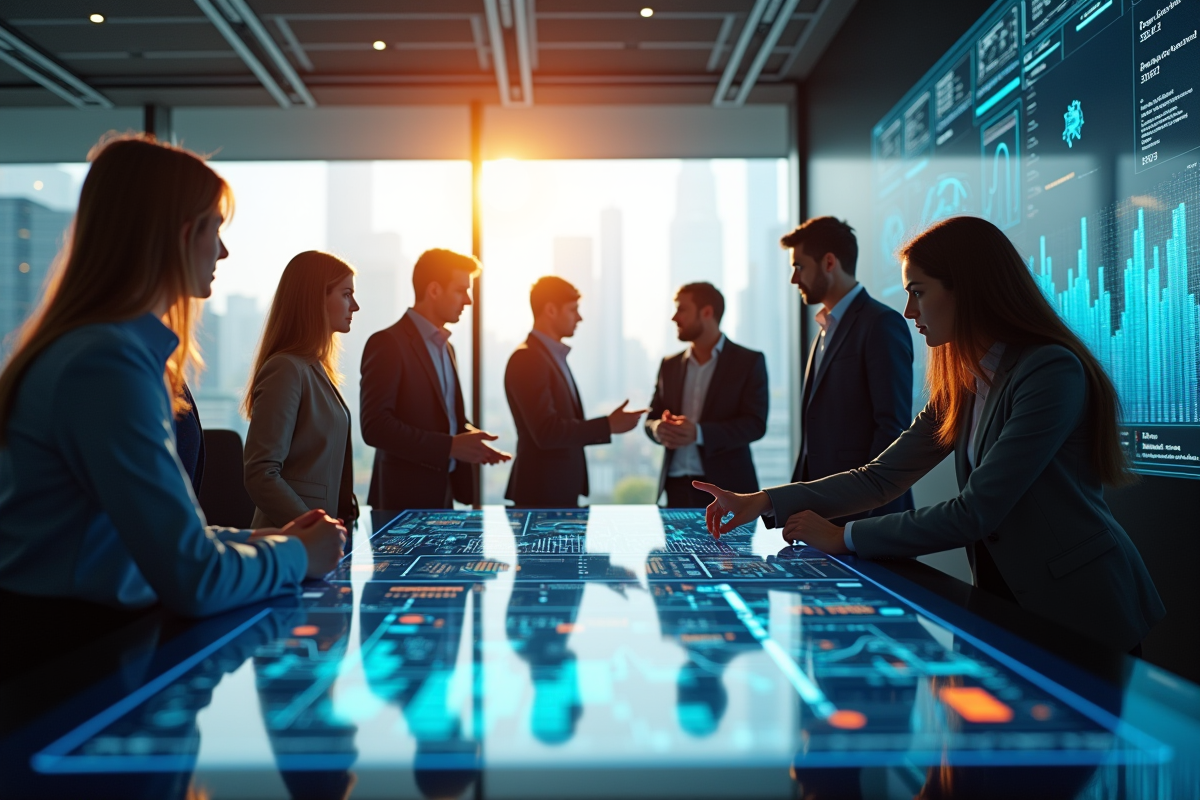 Groupe de professionnels collaborant autour d'une table digitale