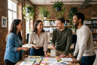 Équipe diversifiée en réunion collaborative dans un open-space moderne pour améliorer la marque employeur