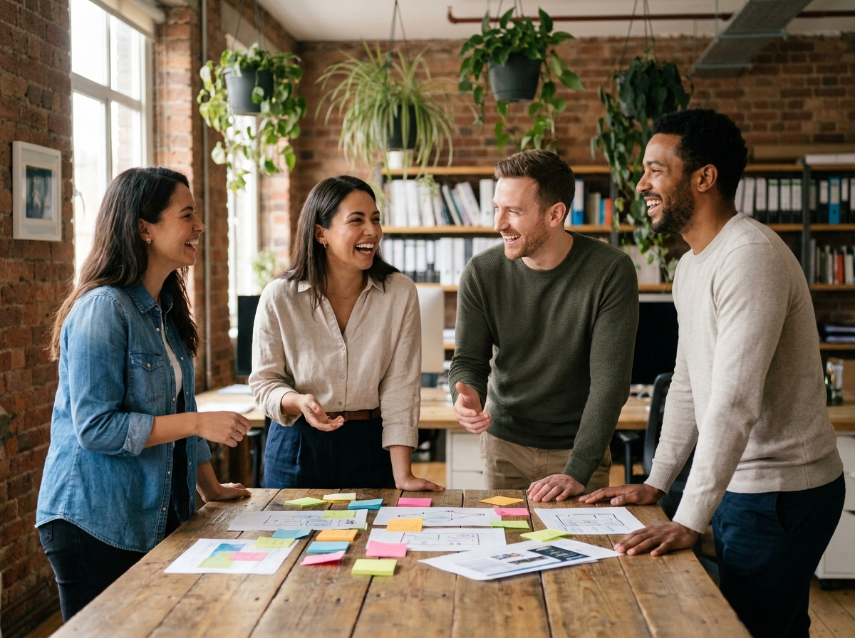 Équipe diversifiée en réunion collaborative dans un open-space moderne pour améliorer la marque employeur