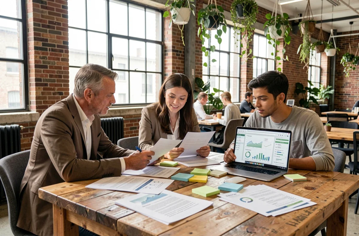 Une équipe diversifiée collabore autour d'une table en bois recyclé pour élaborer une stratégie marketing éthique et responsable dans un espace de coworking.