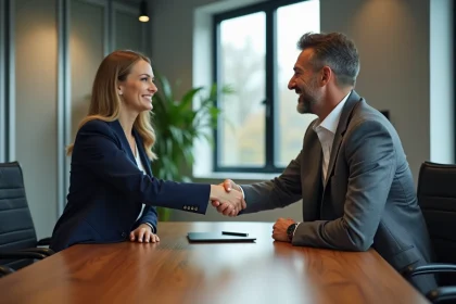 Deux professionnels d'affaires se serrant la main dans un bureau moderne