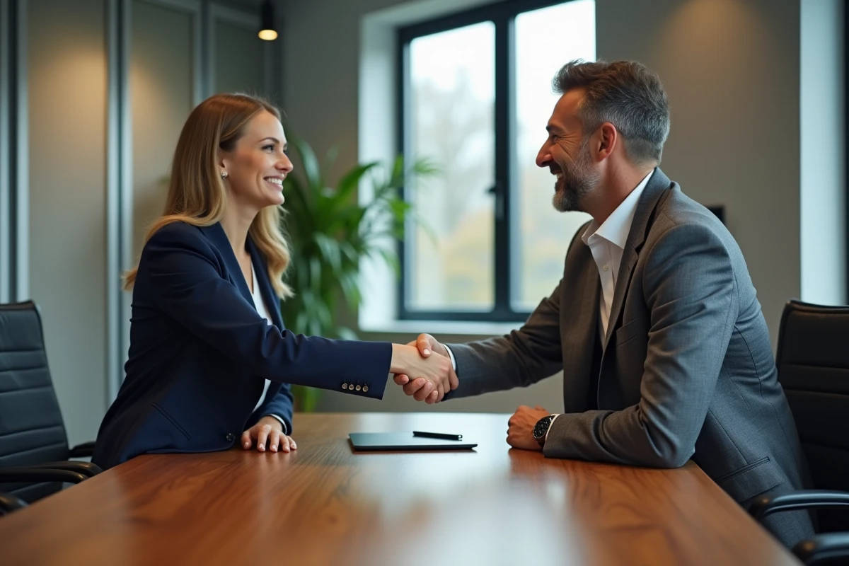Deux professionnels d'affaires se serrant la main dans un bureau moderne